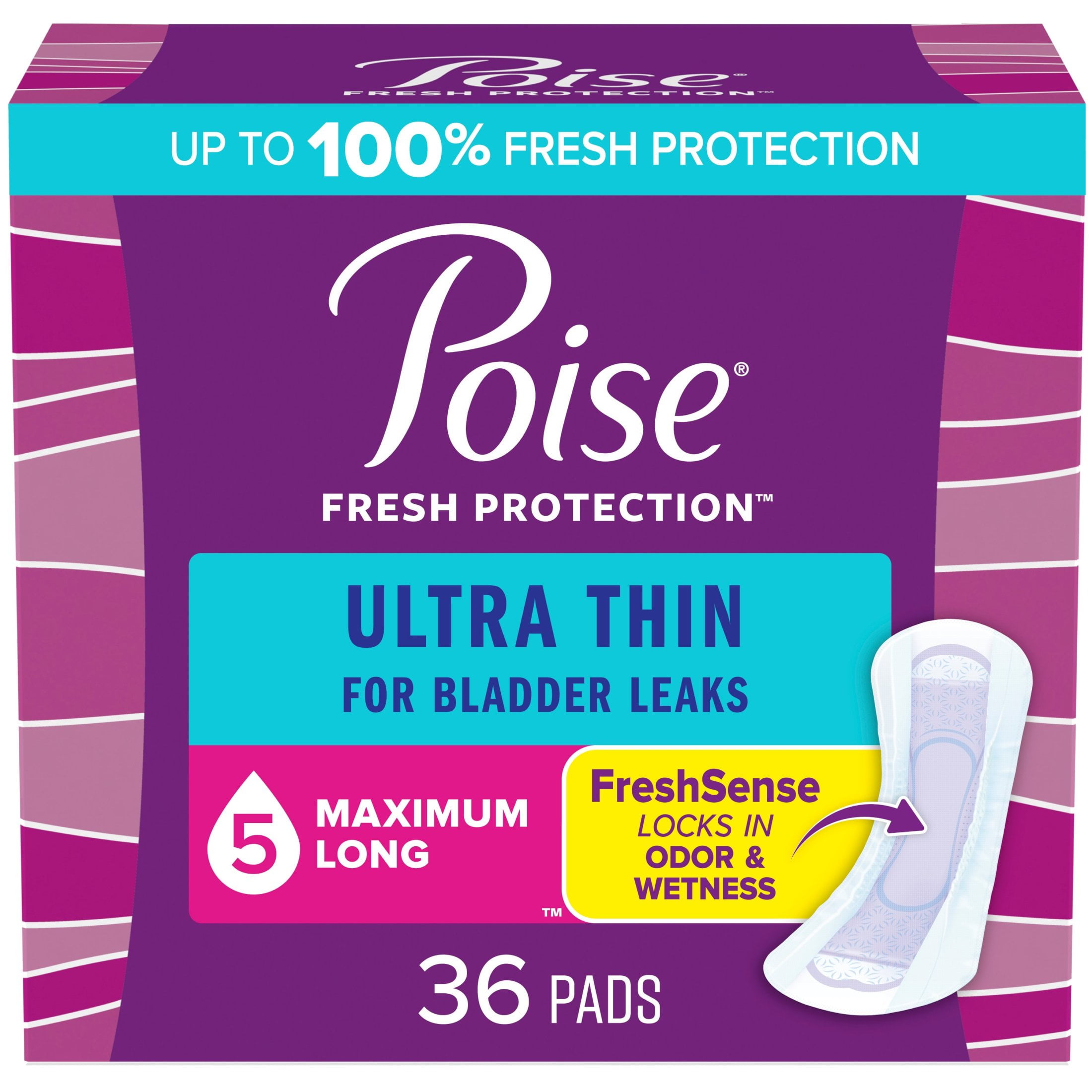 Poise Ultra Thin Incontinence Pads, 5 Drop Maximum Absorbency, Long Length, 36 Count