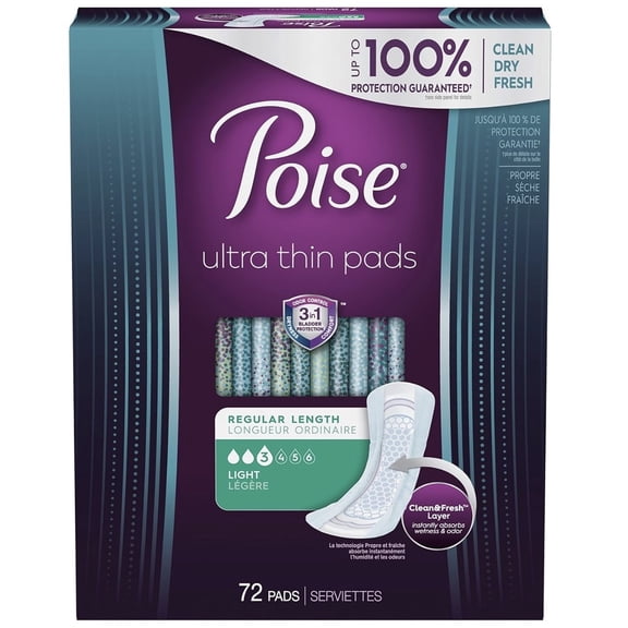 Poise Ultra Thin Incontinence Pads for Women, Light Absorbency, Regular Length, 72 Count