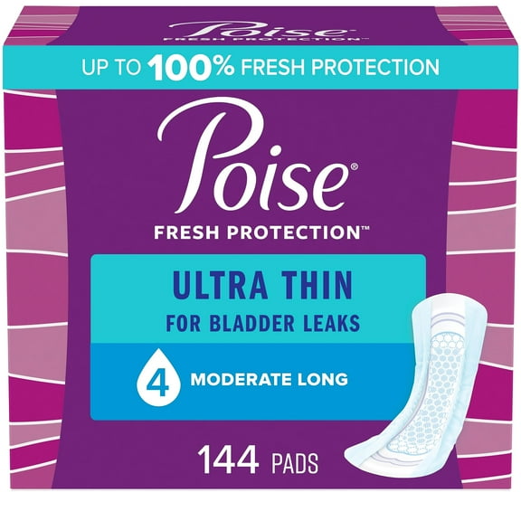 Poise Ultra Thin Incontinence Pads for Women, Moderate Absorbency, Long Length, 144 Count (3 Packs of 48) (Packaging May Vary)