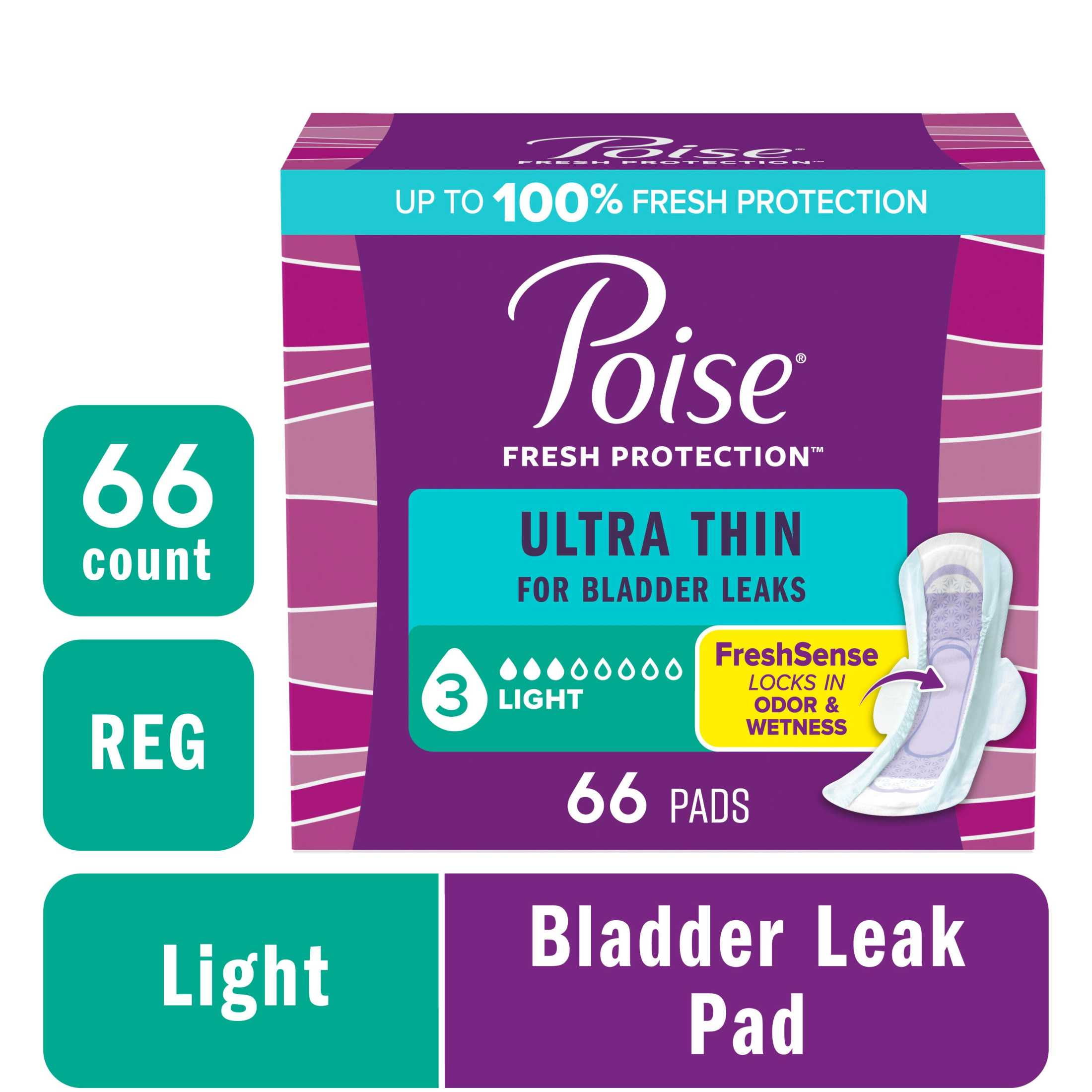 Poise Ultra Thin Incontinence Pads with Wings, 3 Drop Light Absorbency, 66 Count