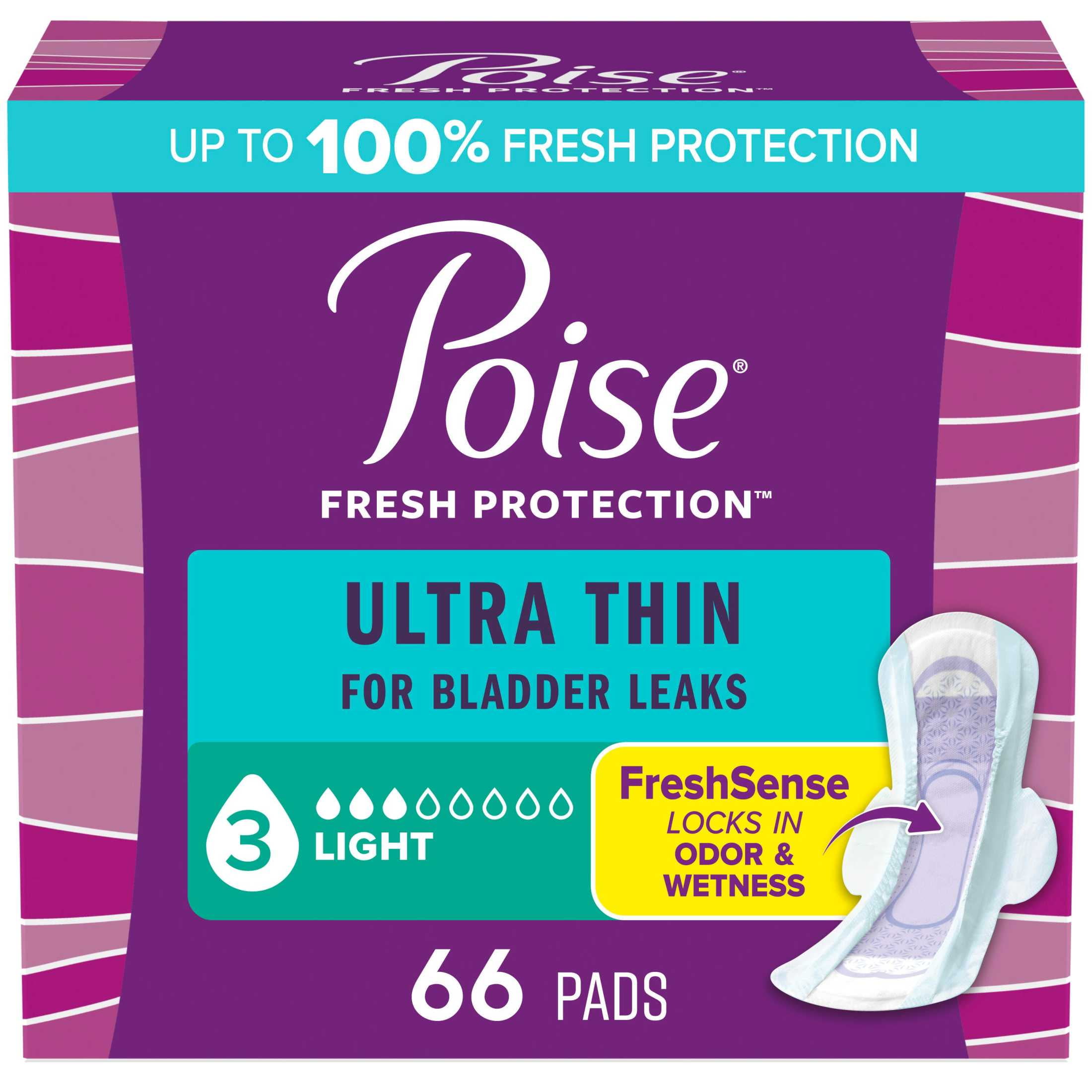 Poise Ultra Thin Incontinence Pads with Wings, 3 Drop Light Absorbency, 66 Count