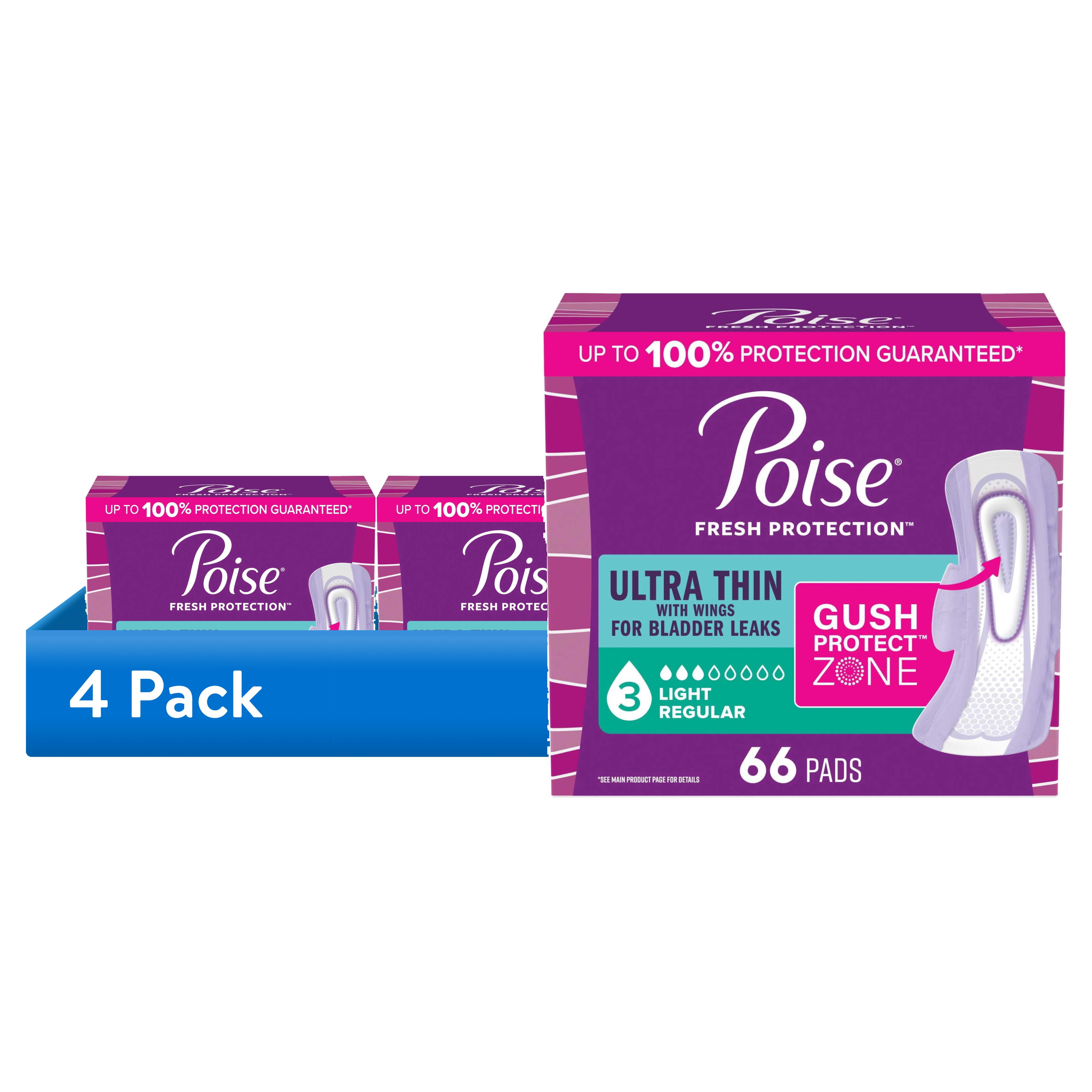 (4 pack) Poise Ultra Thin Incontinence Pads with Wings, 3 Drop Light Absorbency, 66 Count