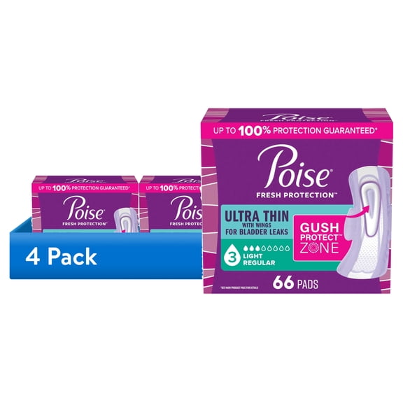 (4 pack) Poise Ultra Thin Incontinence Pads with Wings, 3 Drop Light Absorbency, 66 Count