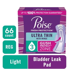 Poise Ultra Thin Incontinence Pads with Wings, 3 Drop Light Absorbency, 66 Count