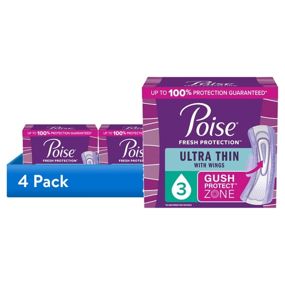 (4 pack) Poise Ultra Thin Incontinence Pads with Wings, 3 Drop Light Absorbency, 66 Count