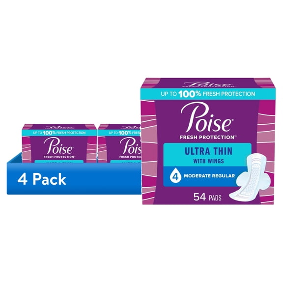 (4 pack) Poise Ultra Thin Incontinence Pads with Wings, 4 Drop Moderate Absorbency, 54 Count