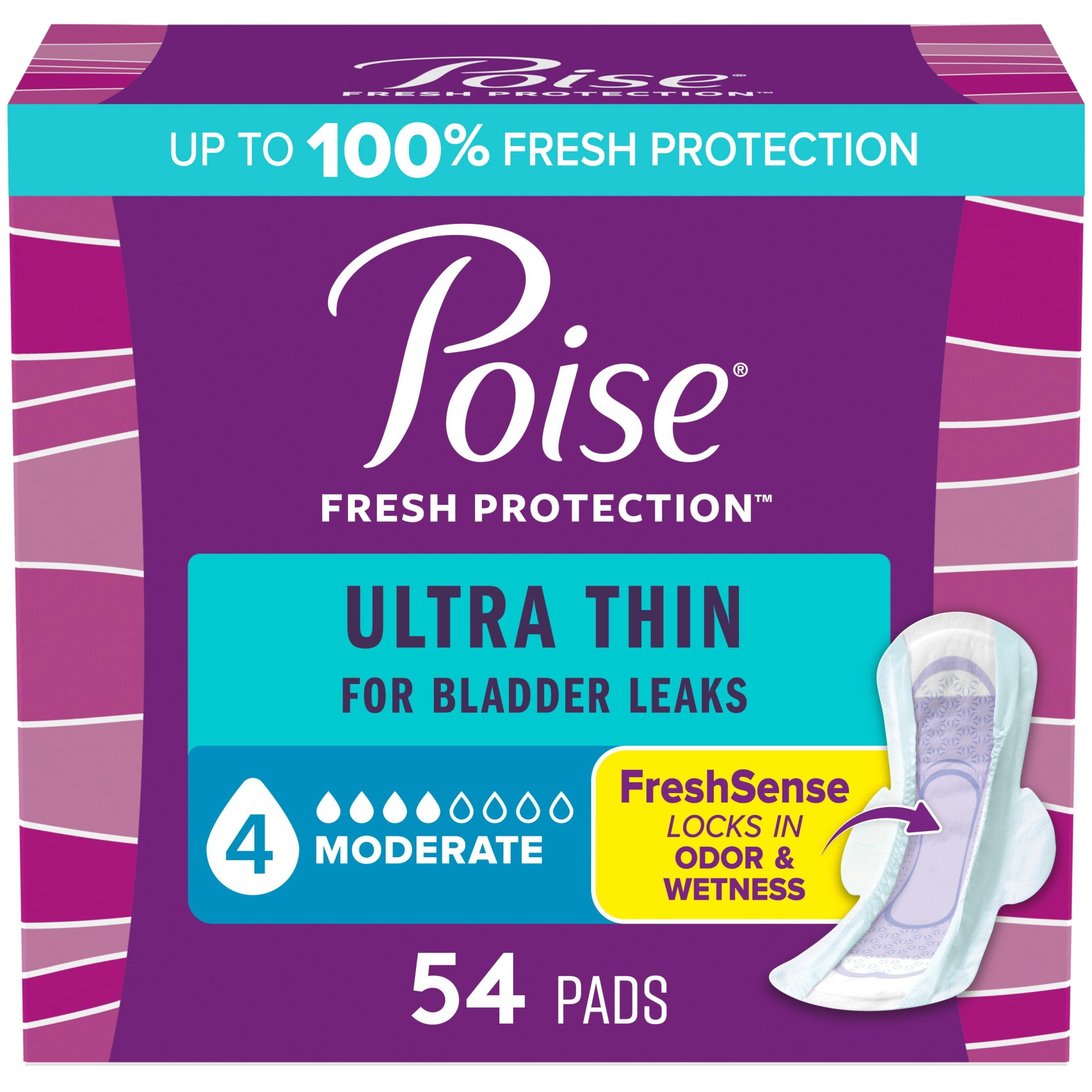 Poise Ultra Thin Incontinence Pads with Wings, 4 Drop Moderate Absorbency, 54 Count