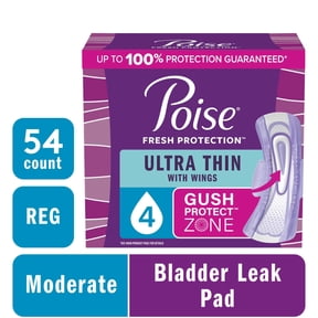 Poise Ultra Thin Incontinence Pads with Wings, 4 Drop Moderate Absorbency, 54 Count