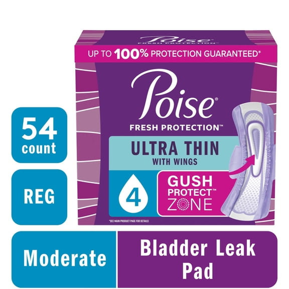 Poise Ultra Thin Incontinence Pads with Wings, 4 Drop Moderate Absorbency, 54 Count