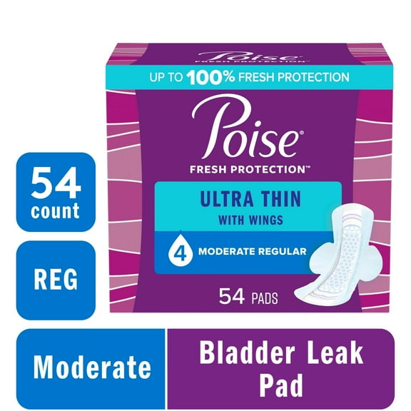 Poise Ultra Thin Incontinence Pads with Wings, 4 Drop Moderate Absorbency, 54 Count