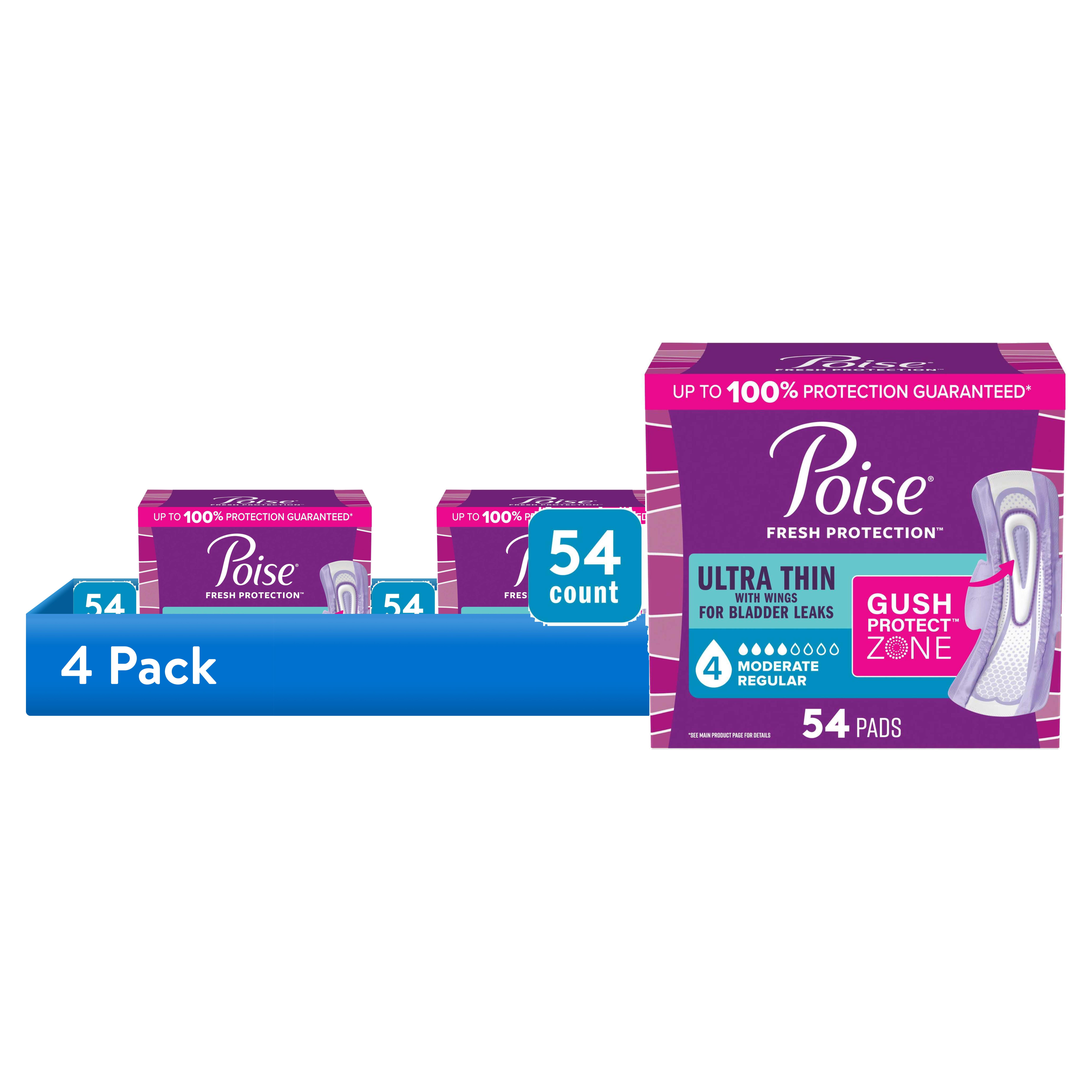 (4 pack) Poise Ultra Thin Incontinence Pads with Wings, 4 Drop Moderate Absorbency, 54 Count