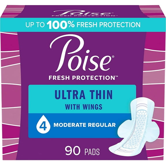Poise Ultra Thin Incontinence Pads with Wings & Postpartum Incontinence Pads, 4 Drop Moderate Absorbency, Regular Length, 90 Count