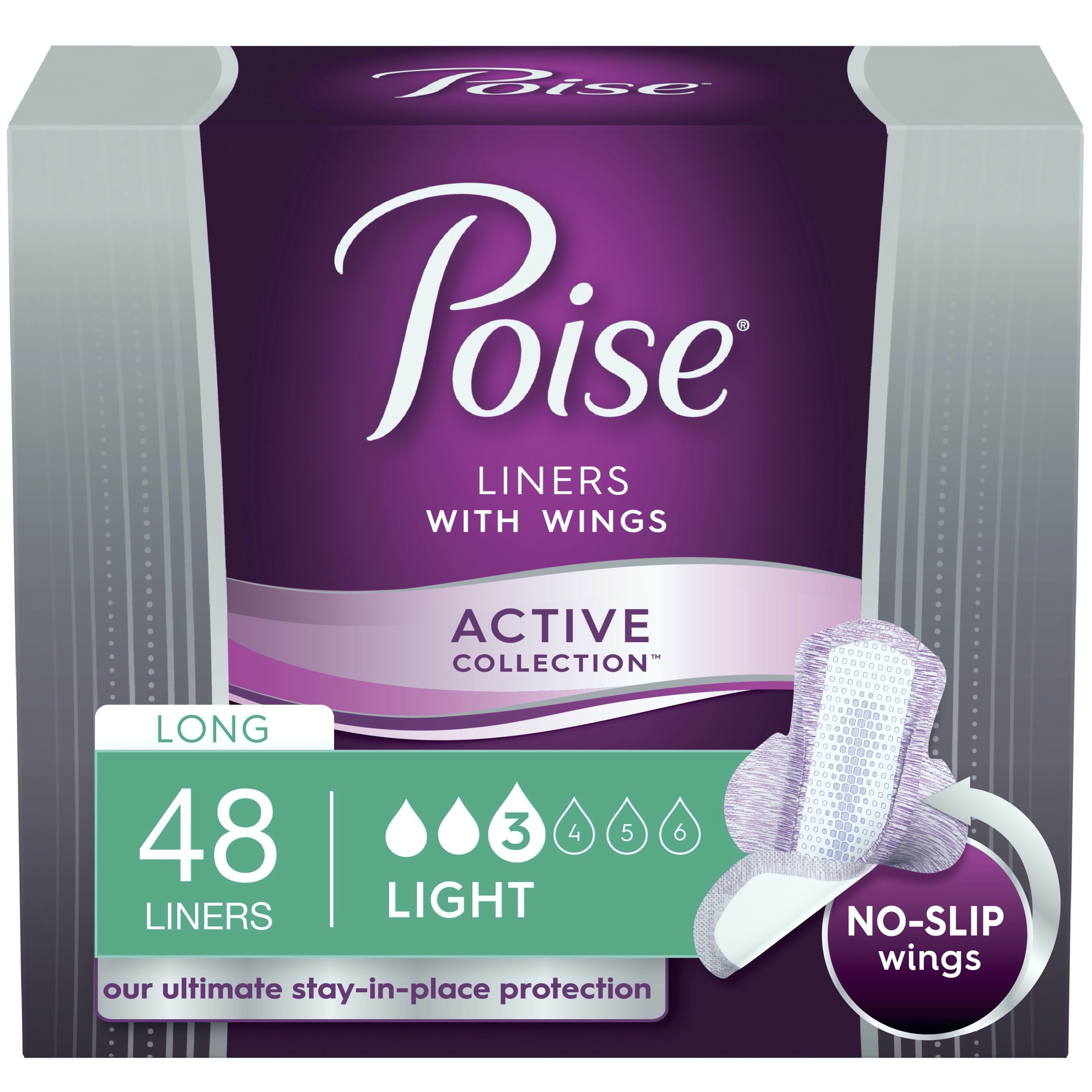 Poise Ultra Thin Incontinence Panty Liners with Wings, Active Collection, Light Absorbency, Long, 48 Count