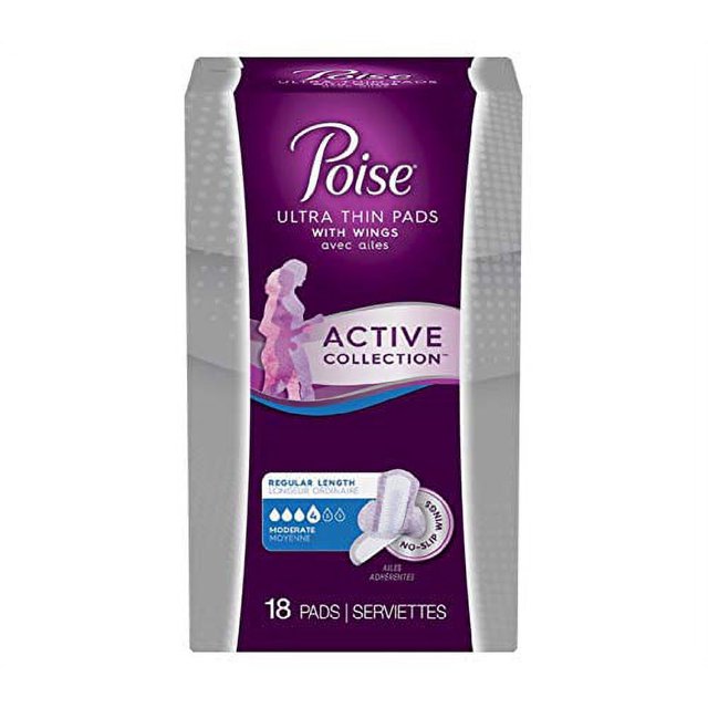 Poise Ultra Thin Pads with Wings Active Collection (Moderate 18 Pads