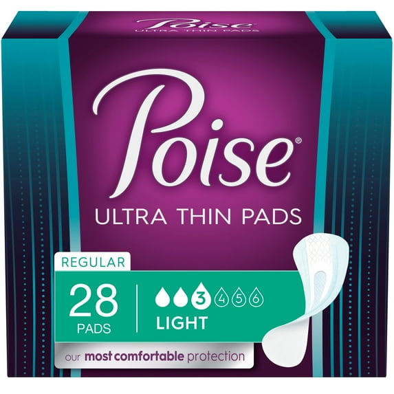 Poise Ultra Thin Postpartum Incontinence Pads, Light Absorbency, Regular Length, 28 Count
