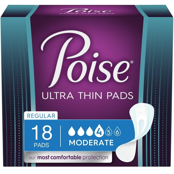 Poise Ultra Thin Incontinence/Bladder Control Pads, Moderate Absorbency, Regular Length, 18 Count