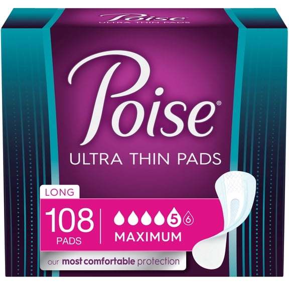 Poise Ultra Thin Women's Maximum - Long Postpartum Incontinence Pads, 108 Count