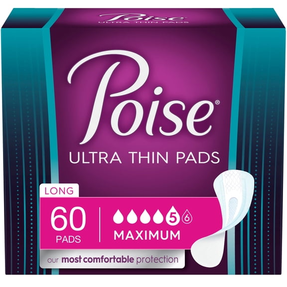 Poise Ultra Thin Women's Maximum - Long Postpartum Incontinence Pads, 60 Count