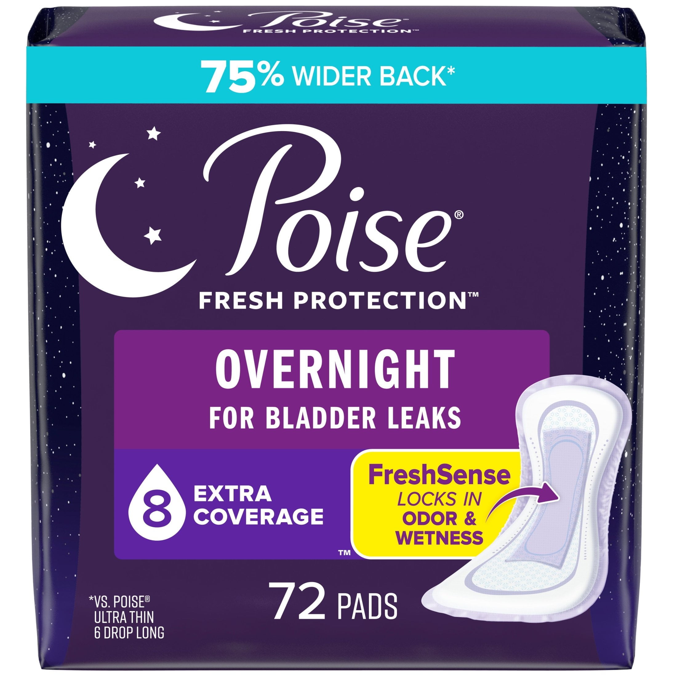 PoiseIncontinence Pads & Postpartum Overnight Incontinence Pads, 8 Drop Extra Coverage, 72 Count (2 Packs of 36)