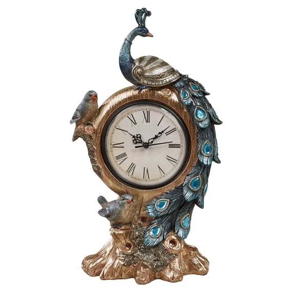 Poised Peacock Pedestal Accent Clock, Cascading Tail Feathers with Teardrop Faux Jewels