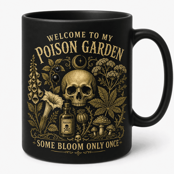 Poison Garden Skull Matte Black Ceramic Coffee Mug Gothic Gift
