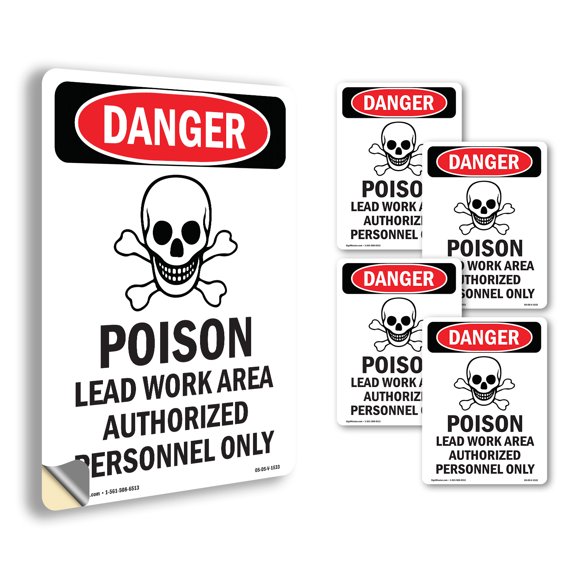 Poison Lead Work Area OSHA Danger Vinyl Decal Label 5 Inch x 3.5 Inch - 5 Pack