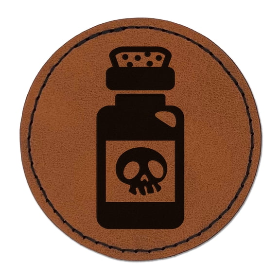 Poison Potion Bottle 2.5" Faux Leather Round Engraved Iron-On Patch - Brown