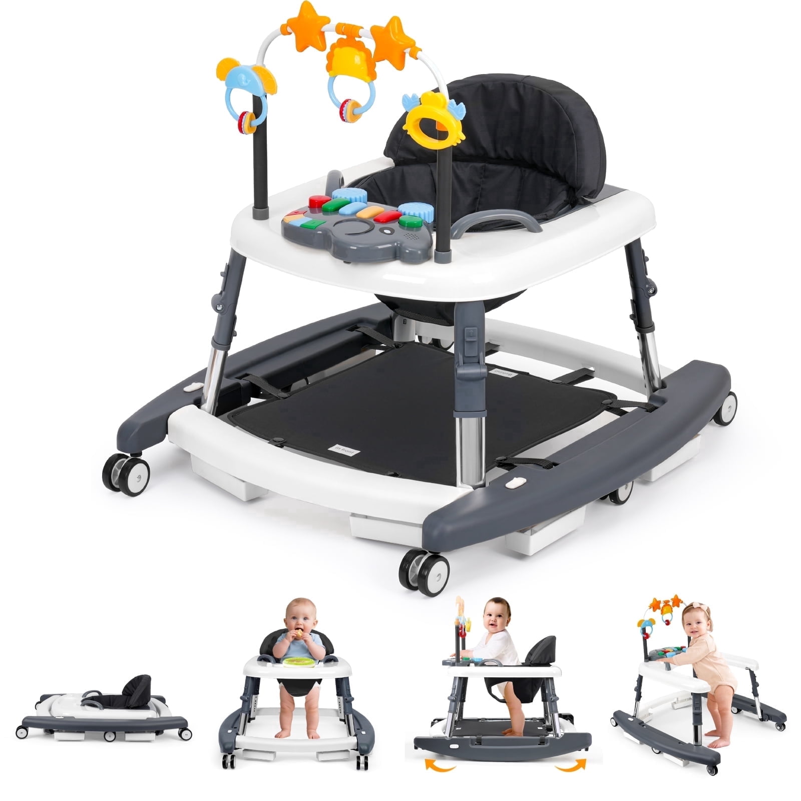5-in-1 Foldable Baby Walker – Adjustable Height, Music & Lights, Bouncer with Wheels, for Baby Boys & Girls 6-18 Months, Gray