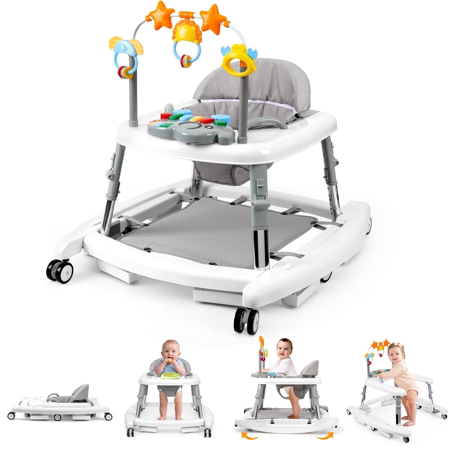 5-in-1 Foldable Baby Walker with Music & Lights – Adjustable Height, Bouncer, Wheels, Portable Toddler Walker for Baby Boys & Girls 6-18 Months, White