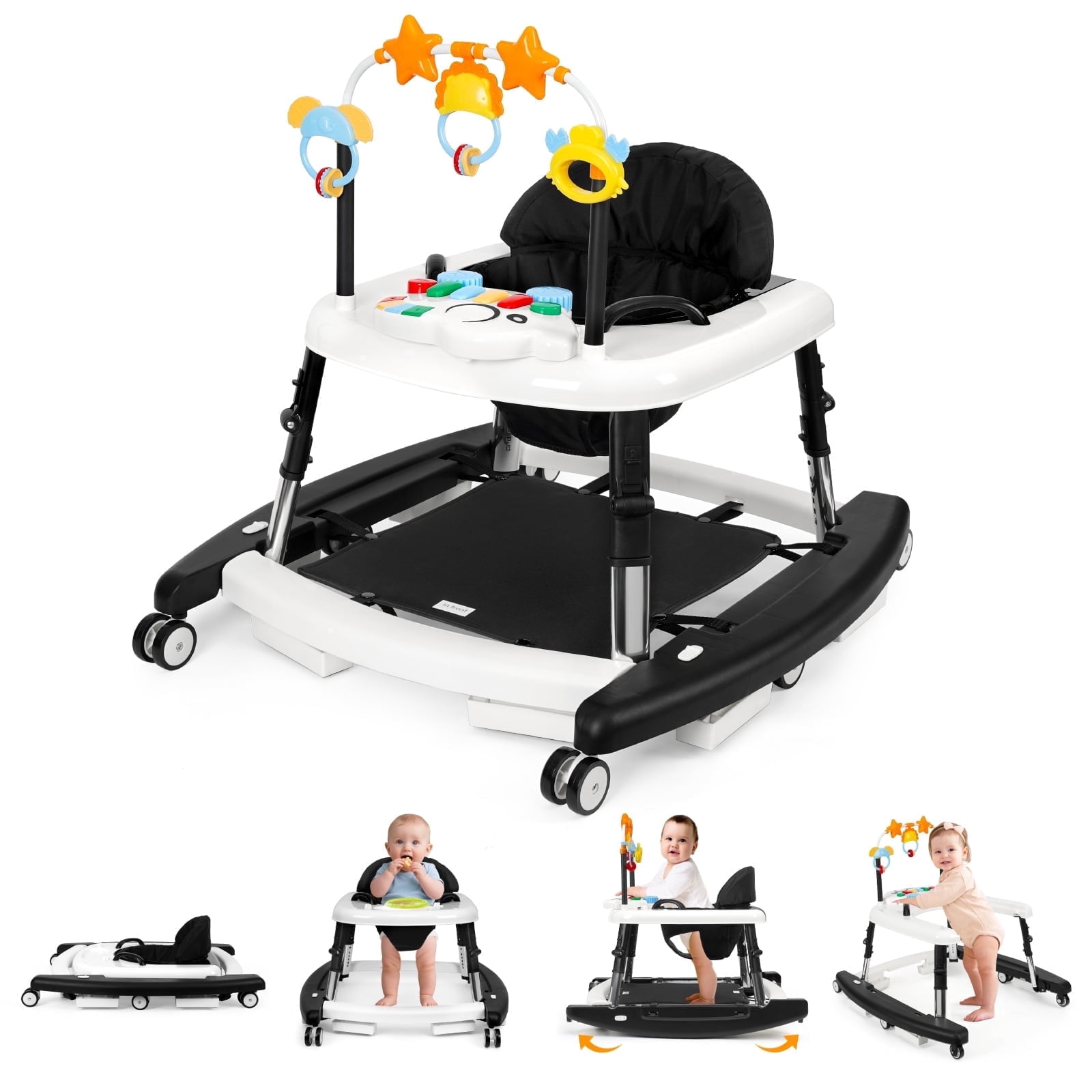 5-in-1 Foldable Baby Walker with Music & Lights – Adjustable Height, Wheels & Bouncer, Portable Toddler Walker for Baby Boys 6-18 Months, Black