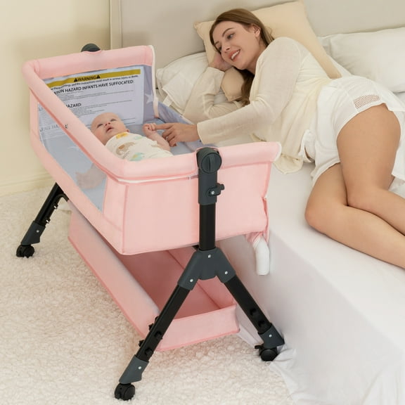 Poit Baby Bassinet Sleeper, Adjustable Bedside Sleeper, Breathable Mesh with Wheels for 0-18 Months-Pink
