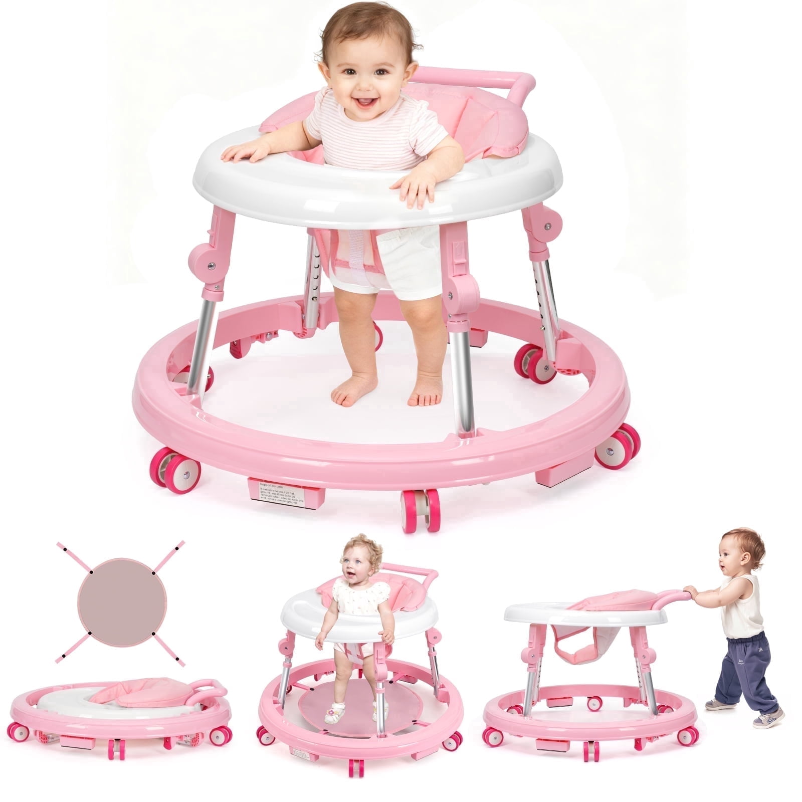 Foldable Baby Walker 9-Level Height Adjustable 360° Non-Slip Wheels for Infants 6-18 Months Light Pink