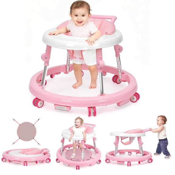 Foldable Baby Walker 9-Level Height Adjustable 360° Non-Slip Wheels for Infants 6-18 Months Light Pink