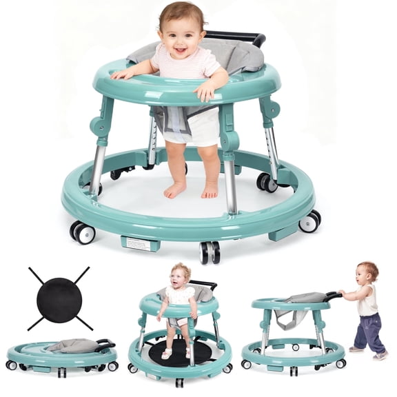 Baby Walker 9-Level Height Adjustable with Non-Slip Wheels for Infants 6-12 Months Portable Activity Center Green