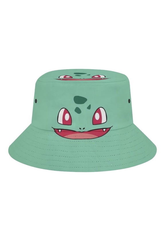PokmonBulbasaur Face Bucket Hat for Women Men Teens, Adjustable Travel Summer Beach Fisherman Cap,Unisex Fishing Outdoor Boonie