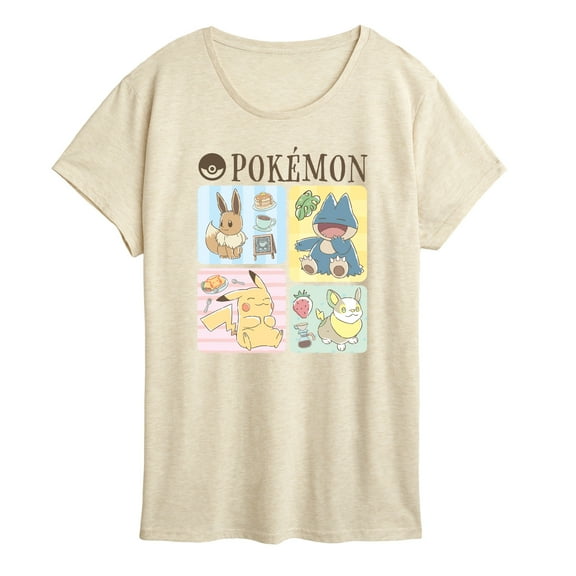 Pokémon - Café Eevee Pikachu Yamper Snorlax Grid - Women's Short Sleeve Graphic T-Shirt