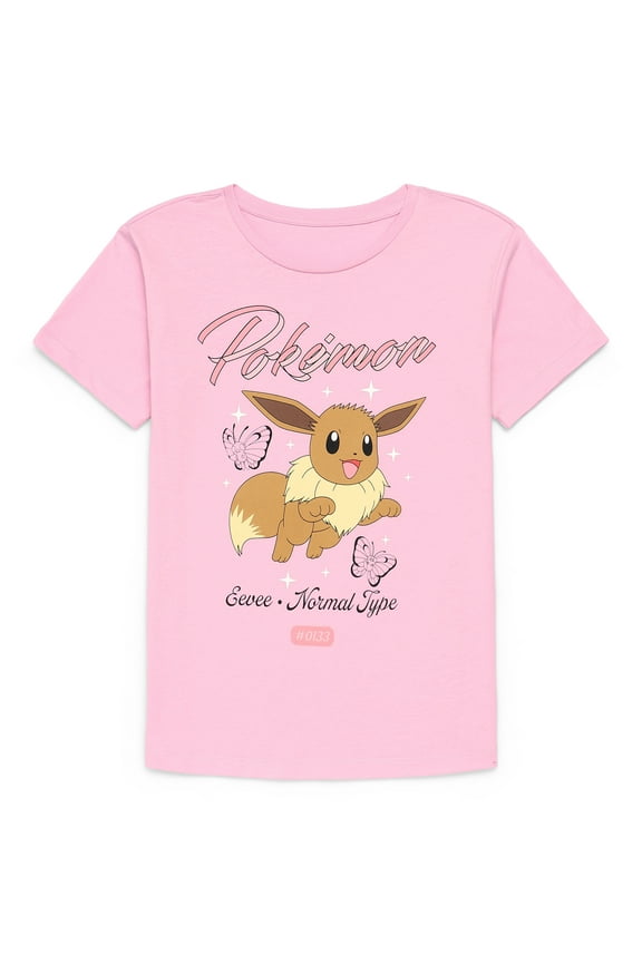 Pokemon Eevee Girls Graphic Crewneck Tee with Short Sleeves, Sizes 4-16