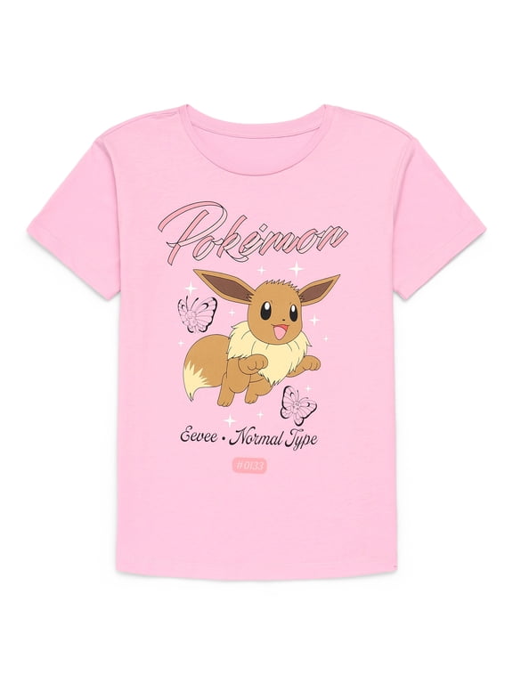 Pokemon Eevee Girls Graphic Crewneck Tee with Short Sleeves, Sizes 4-16