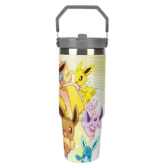 Pokmon-Eevee Vaporeon Flareon123 Stainless Steel Tumbler Car Cup 30 Oz with Handles, Vacuum Insulated Water Bottle for Home, Office Reusable Cup with Straw Leak Resistant Flip