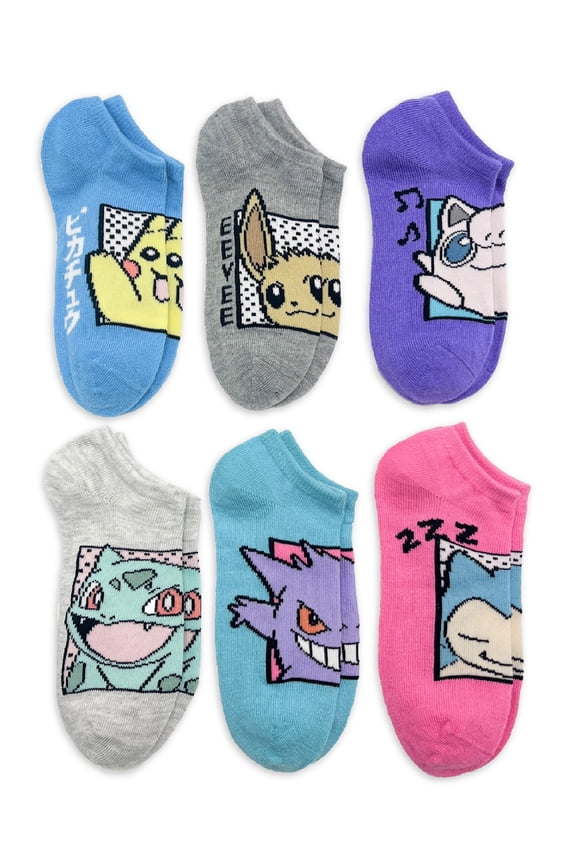 Pokémon Girls No-Show Socks, 6-Pack, Sizes S-L