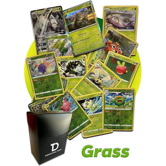 Pokémon Grass Type TCG Assortment Bundle || Guaranteed Ultra Rare Grass Card + 30 Random Grass Type Cards + Dan123yal Deck Box