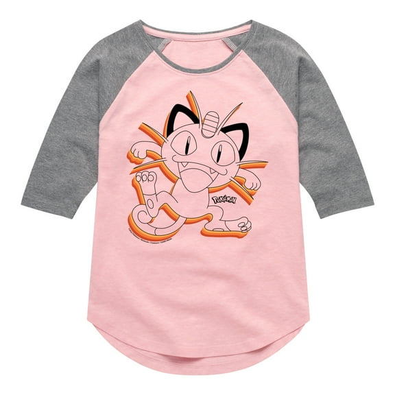 Pokémon - Happy Meowth Retro - Girls Raglan Graphic T-Shirt
