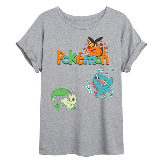 Pokémon - Chicorita, Tepig, Totodile - Womens Oversized Graphic T-Shirt