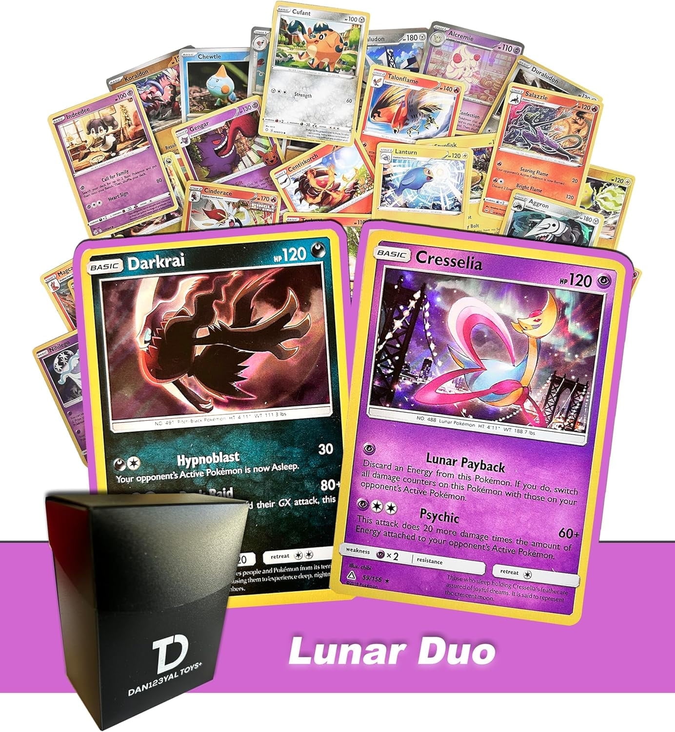 Pokmon Lunar Duo TCG Random Assortment Bundle || Guaranteed Lunar Duo + 6  Holographic Cards + 6 High HP Cards + Dan123yal Deck Box - Walmart.com