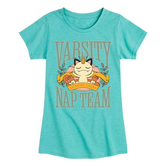 Pokémon - Meowth Varsity Nap Team - Girls Toddler And Youth Fitted Short Sleeve Graphic T-Shirt
