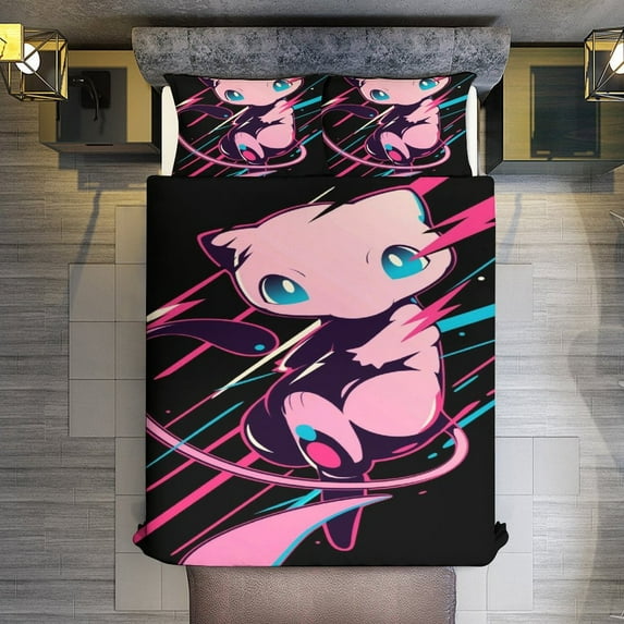 Pokémon Mew Queen Sheet Set,Duvet Cover Set with Zipper Closure,3 Pieces Bed Sheets Soft Microfiber Bedding Set with 4 Ties,90"x90"