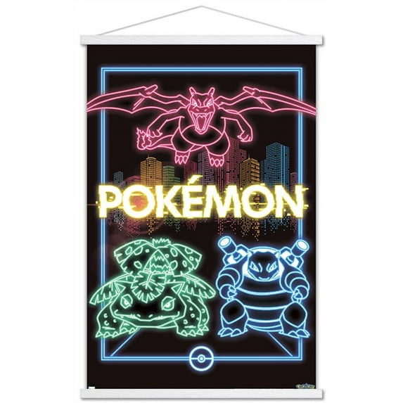 Pokemon - Neon Group Wall Poster with Wooden Magnetic Frame, 22.375" x 34"