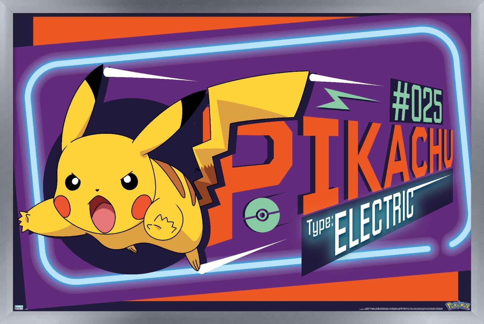 Pokemon - Neon Pikachu Wall Poster, 22.375" x 34", Framed