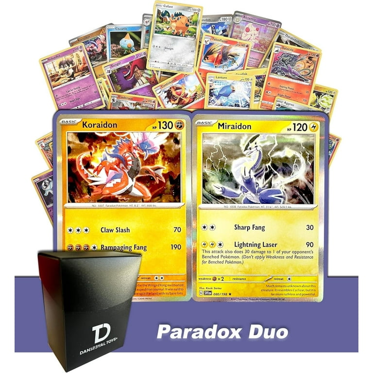 Pokmon Paradox Duo TCG Random Assortment Bundle || Guaranteed Koraidon &  Miraidon + 6 Holographic Cards + 6 High HP Cards+ Dan123yal Deck Box -  Walmart.com