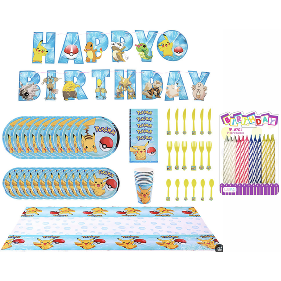 Pokémon Party Supplies Pack Serves 10 : Plates Napkins Cups Table Cover Candles & Utensils